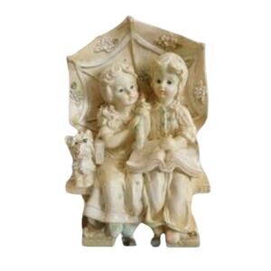 Large  Resin Figurine Young Man-Woman with Dog Sitting of Bench Reading A Book